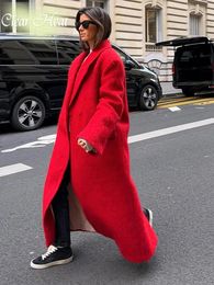 Women Elegant Red Warm Thickened Wool Blends Coat Doublebreasted Lapel Long Sleeve Casual Jackets Female Street Loose Overcoat 240105