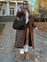 Faux Fur Patchwork Warm Long Coat Women Turndown Collar Sleeve Thick Jacket Female Vintage Loose Street Overcoat 240104