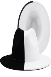 Black White Patchwork Wool Felt Jazz Fedora Hat Women Unisex Wide Brim Panama Party Trilby Cowboy Cap Men Gentleman Wedding Hat 221920063