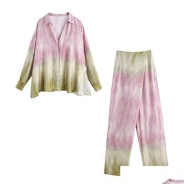 Women'S Two Piece Pants Women Set Mtiway Tie Dye Shirt Wrap Trousers Chic Lady Fashion Casual Cosy Woman Outfits Sets 211105 Drop De Dhgwy