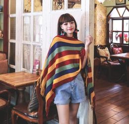 Scarves Stripe Pullover Cloak Poncho Women 2021 Autumn Winter Outwear Casual Tassel Warm Jumper Knitting Vintage Capes Sweater Sca2175930