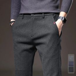 2023 Winter Men's Brushed Fabric Casual Pants Ultra thin Straight Cotton Elastic Thick Business Suit Grey Blue Black 240105