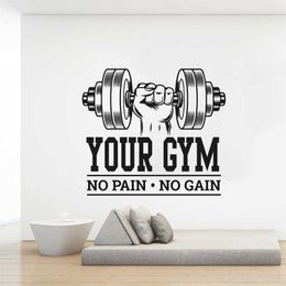 Custom Name Gym Bodybuilding No Pain No Gain Wall Sticker Workout Fitness Crossfit Inspirational Quote Wall Decal Decorate 210615282m