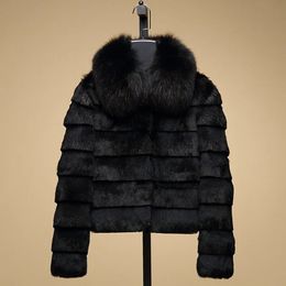 2023 Real Rabbit Fur Coat With Luxury Big Natural Collar Women Full Pelt Waistcoat SR187 240104