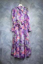 2024 Spring Floral Print Ribbon Tie Bow Buttons Dress Purple Long Sleeve Lapel Neck Long Maxi Casual Dresses T3J031512