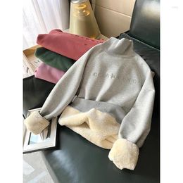 Women's Hoodies Fall Winter High Collar Pullovers Korean Style Letter Embroidery Loose Simple Sweatshirts Thick Fleece T-Shirt