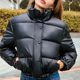 Jocoo Jolee Winter Thick Warm Cropped Puffer Jacket Women Black PU Leather Parkas Elegant Zipper Coat Cotton Padded Punk Outwear 240105