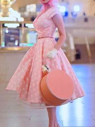 Casual Dresses Hepburn Polka Dot Print 50s Vintage Dress Women High Waist V-Neck Cap Sleeve Pink Party Midi Retro Swing Vestdios