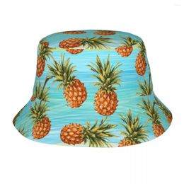 Berets Pineapple Fruit Blue Green Stripes Bucket Hat For Women Beach Sun Hats Harajuku Packable Outdoor Fishing Cap Ispoti