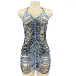 Stage Wear Glistening Diamond Chains Hollow Out Women Short Dresses Tight Stretch Backless Halter Nightclub Outfit Bar Dance