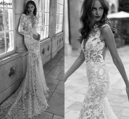Vintage Lace Mermaid Wedding Dresses With Removable Long Sleeves Plunging V Neck Sexy Bridal Gowns Bohemian Country Slim and Flare Trumpet Robes de Mariee CL3163