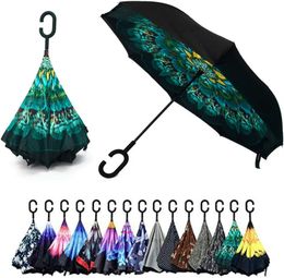 49 Inch Inverted Reverse Upside Down Umbrella Extra Large Double Canopy Vented Windproof Waterproof Stick Umbrellas with C-shape Handle