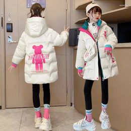 Down Coat 2024 Winter Girls Hooded Jacket Teenage Mid-Length Cartoon Bear Thicken Keep Warm Kids Windbreak Parker Outerwear
