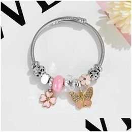 Charm Bracelets Gold Color Stainless Steel Bangle Diy Cute Crystal Clover Beads For Women Girls Lovely Accessories Gifts Friends Drop Otvpb