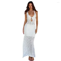 Women's Swimwear Long Dress Knitted Hollow Out Cover Up Solid Color Backless Sexy Sun Protection Clothing Halter Strap Cover-Ups 2024