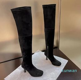 Satin Sanding square toes Thigh-High Boots middle calf Side zipper Leather outsole Stiletto heel knee boots Women's Luxury Designer high heels