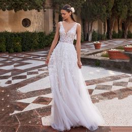 Stunningbride 2024 Boho Chic A-line Wedding Dresses For Women Backless V-neck Bride Robes Tank Sleeve Tulle Lace Appliques Bridal Gowns