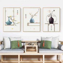 Paintings Traditional Chinese style Poster Flower Vase Wall Art Canvas Painting Minimalist Print Wall Pictures for Living Room Home Decor X0