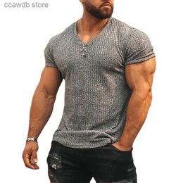 Men's T-Shirts Mens V Neck Short Sleeve T Shirt Fitness Slim Fit Sports T-shirt Solid Fashion Strips Tees Tops Summer Knitted Gym Clothing T240105