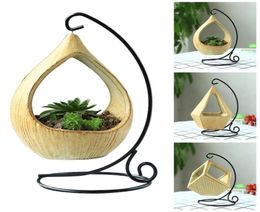 Iron Stand Hanging Basket Microlandschaft Geometric Ceramic Succulent Plants Flower Pot Iron Hook Desk Bracketplant Pot9902515