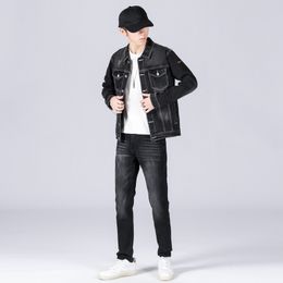 Simple Casual Men's 2pcs Jeans Sets Black Grey Loose Long Sleeve Jacket and Slim Jeans Spring Autumn Stretch Embroidered Denim Suit