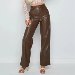 Women's Pants Clothes -Selling Pu Length Leather Women Casual Wide Leg High Waist Straight