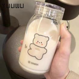 450ml Kawaii Bear Glass Bottles Cartoon Water Bottle Eco Friendly Glass Cute Cups for Student Girl Gift Milk Coffee Waterbottle 240104