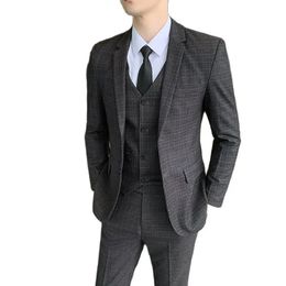 Large Size S-5XL suit Vest Trousers Men's Comfortable Gentleman Dark Grid Fashion British Style Business Three-piece Suit 240104