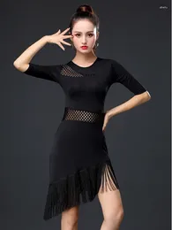 Stage Wear Elegant Solid Colour Line Standard Dances Woman Dress Latin Hollow Out Slim Fit Clothing Tango Girls Tassels Festival Outfit