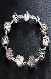 Antique 925 Silver Charm Fit Bangle Bracelet with Love and Flower Crystal Ball for Women Wedding PA14553862830