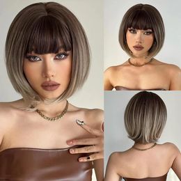 Wigs oneNonly Short Bobo Wig Ombre Brown Blonde Gray Synthetic Wigs with Bangs Cosplay Natural Daily Hair for Women Heat Resistant