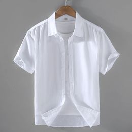 Cotton Linen Men's ShortSleeved Shirts Summer Streetwear Plain Color Stand Collar Casual Beach Style Plus Size M3XL 240105