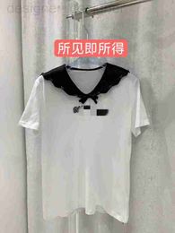 Women's T-Shirt designer brand mui Summer New Navy Style Contrast Colour Wave Edge Shawl Beaded Letter Heavy Industry Sweet Short sleeved T-shirt Top SYF5