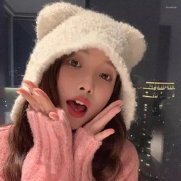 Berets Cute Bear Ear Wool Hat For Women Autumn And Winter Knitted Hats Warm Thicken Protection Lamb Fleece Beanies Caps