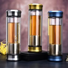 Glass Water Bottle With Loose Leaf Tea Strainer Tea Infuser Double wall Glass Bottle Free to disassemble Thermos 300ML 400ML 240104