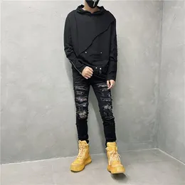 Men's Tracksuits Dark Retro Personalized T-shirt Washed Stitching Patchwork Loose Hooded Bottoming Shirt Fashion Trendy Designer Top