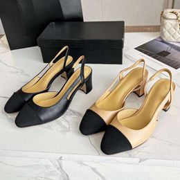 10 ADesigner shoes High Heels Formal Chunky Heel luxury sandals women slingbacks classic Sandals ballet flat sheepskin splicing grosgrain apricot black white