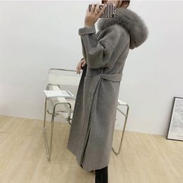 Cashmere Woolen Women Plus Size Coat Long Sleeve Real Fur Hooded Loose Casual Jacket DoubleSided Wool Oversize Overcoat 240105