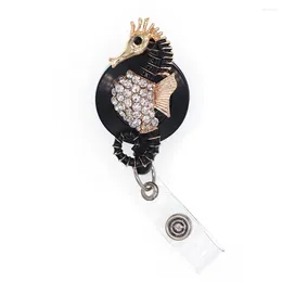 Brooches Rhinestone Crystal Enamel Animal Shape Seahorse Retractable Badge Reel ID Name Card Holder