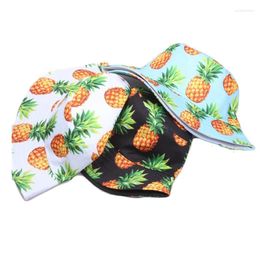 Berets 2024 Unisex Cotton Ladies Bucket Hat Women Sunscreen Pineapple Printed Outdoor Fisherman Cap Beach Men
