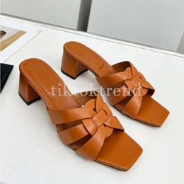Women's medium thick heeled slippers mules genuine leather fabric cross woven leather outsole block heel slippers luxury designer sandals with box