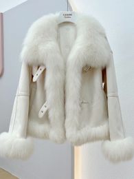 Winter Women Coat Natural Fox Fur Collar Thick Suede Outerwear Warm Fashion Real goose Down Jacket 240105