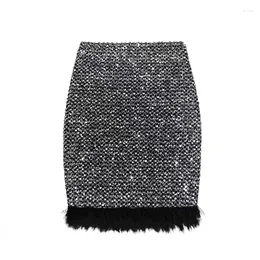 Skirts In Autumn Winter Elastic Sequin Skirt For Women 2024 Sexy Elegant High Waist Fur Tassel Slim Bodycon Club Wear Short