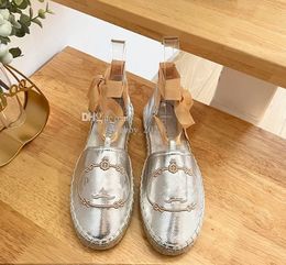 New Linen Embroidered Espadrilles Sandals Flats heels summer women's luxury designers leather sole Evening Casual Sand Dress shoes factory