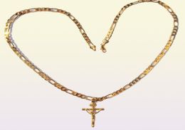 24k Solid Gold GF 6mm Italian Figaro Link Chain Necklace 24" Womens Mens Jesus Crucifix Pendant6736679