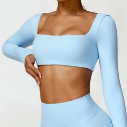 Lu Lu Lemen Women's Align Quick Drying breathable Top Seamless Sexy Square Neckline Elastic Yoga Long Sleeves Crop Top Gym Running Sportwear