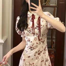 Casual Dresses Bandage Design Vintage Midi Women Short Sleeve Elegant Floral Dress Slim Bow One Piece Korean 2024 Sumemr Chic