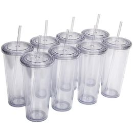 flat lid 710ml 24oz clear plastic double wall tumbler cup with straw with black green lid coffee mugs 240104