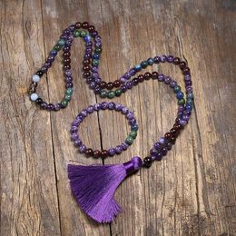 Necklaces 8mm Natural Garnet Japamala Necklace for Women Amethyst Quartz Beads Meditation 108 Mala Handmade Tassel Yoga Gift Jewelry Set