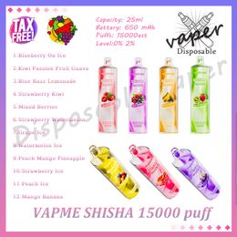 Factory wholesale Vapme Shisha 15000 Puff Disposable Vape Pen 0% 2% Evaporator 25ml Pre-filled Pod 650mAh Rechargeable Battery 15k Puffs E Cigarette 12 Flavors